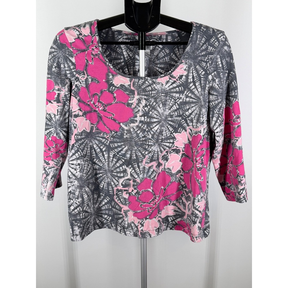 Chicos Pink Grey Floral 3/4 Sleeve Scoop Neck Knit Top Casual Blouse Womens 2